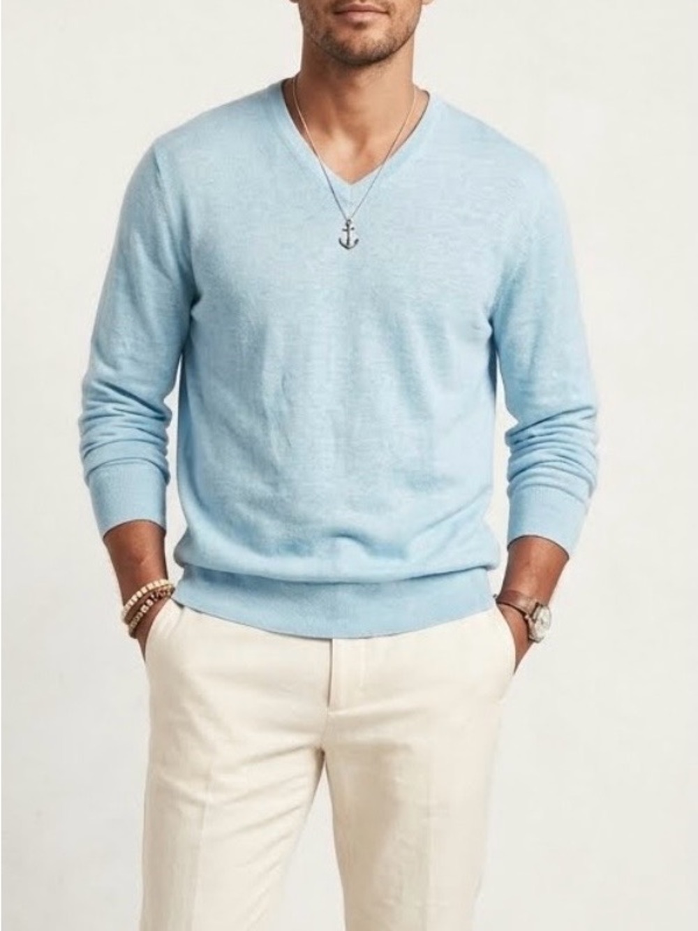 Banana Republic Silk Cashmere V-Neck Sweater Light Blue Pastel Quiet Luxury L